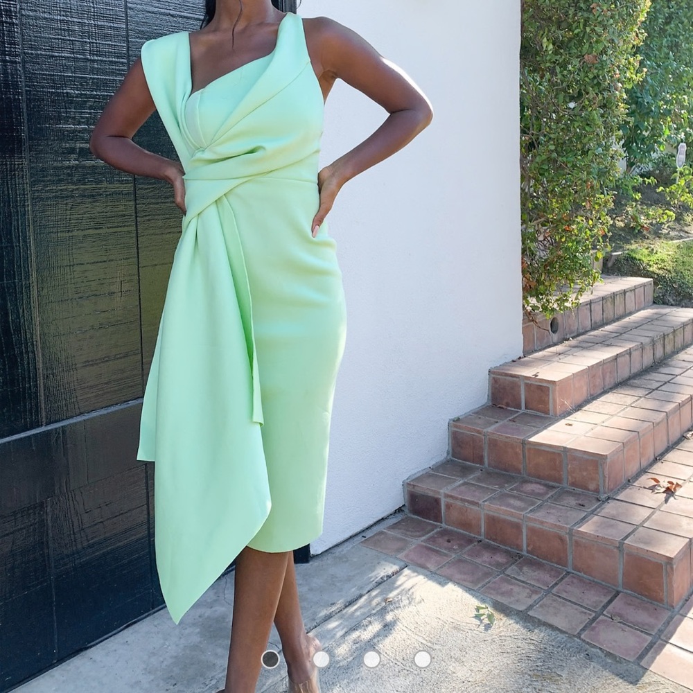 ASOS DESIGN bare shoulder sash detail pencil midi dress in lime